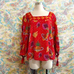 Anthropologie Farm Red Tunic Square Fruit Planet Blouse Top Large